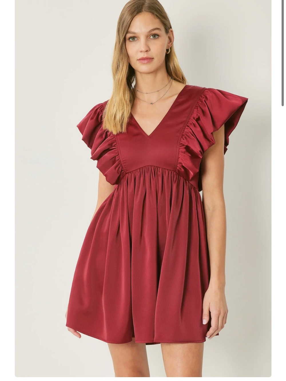 entro Burgundy V-Neck Ruffle Sleeve Mini Dress